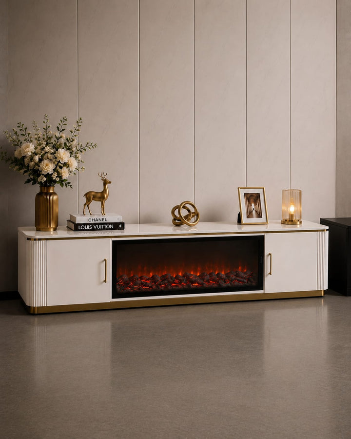Arcadia Luxury LED Fireplace TV Unit – White Stone Top
