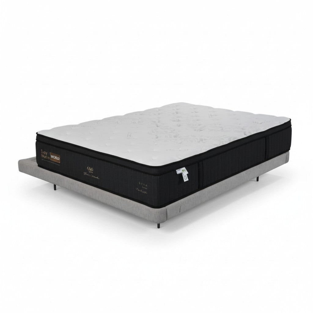Modern queen mattress with black sides and white top on a minimalist upholstered bed base