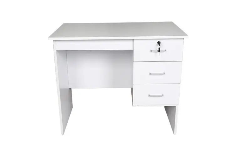 White modern desk with three drawers and lock, ideal for home office or study space