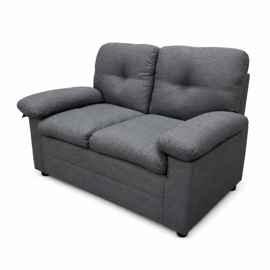 Gray two-seater sofa with tufted back cushions and plush armrests, ideal for living room furniture