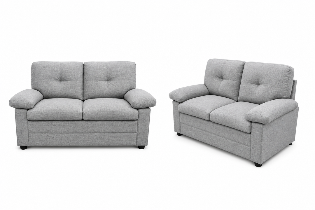 Gray two-seater sofa with tufted back cushions, modern living room furniture
