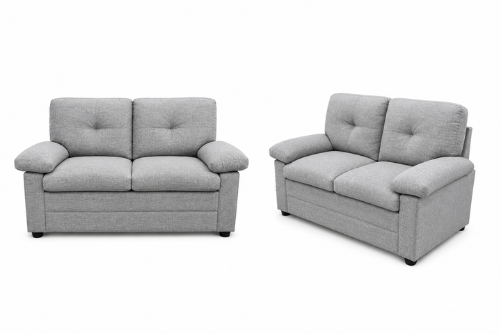 Gray two-seater sofa with tufted back cushions, modern living room furniture