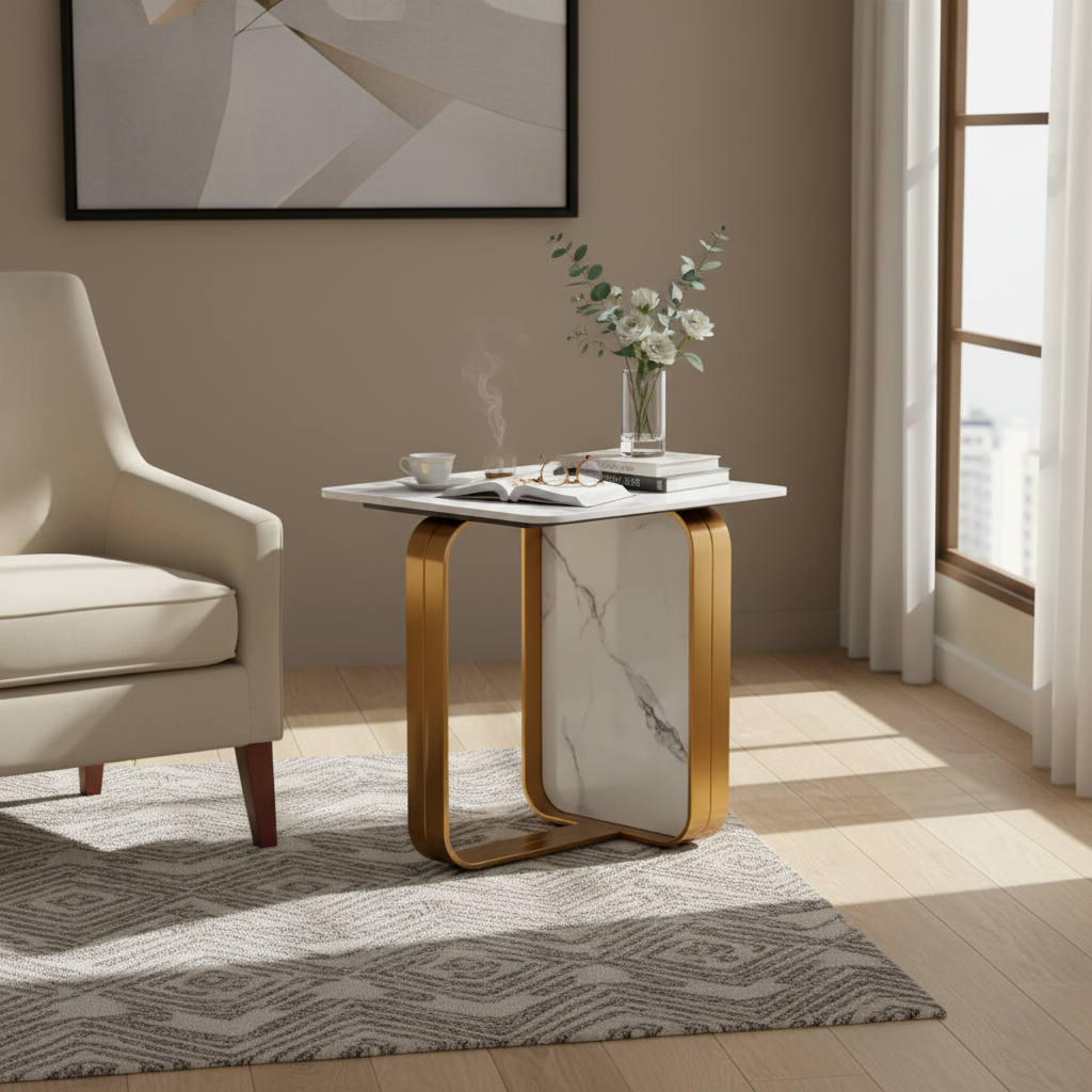 Marble-top side table with gold metal legs in modern living room, styled with books, coffee, and flowers