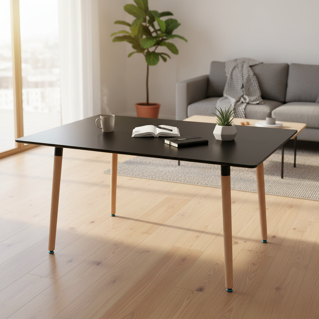 Modern black coffee table with wooden legs in Sydney living room, styled with books and plants