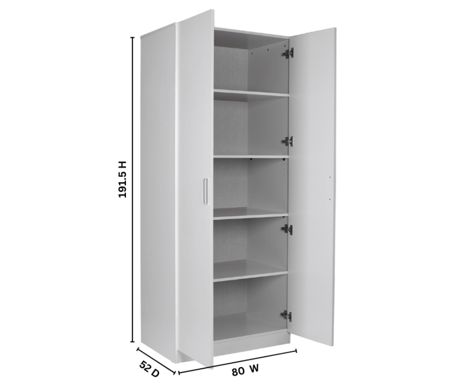 Tall white storage cabinet with open doors, multiple shelves, and dimensions labeled