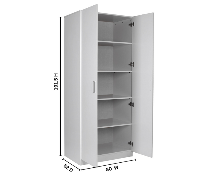 Tall white storage cabinet with open doors, multiple shelves, and dimensions labeled