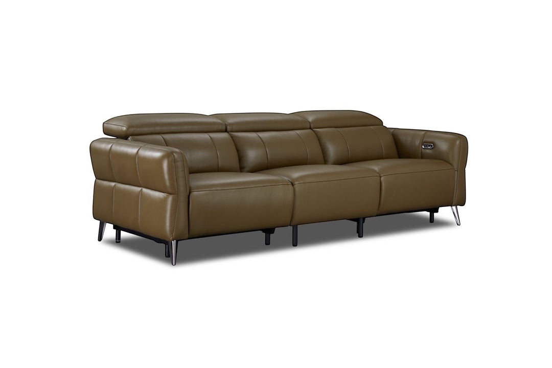Modern brown leather sofa with cushioned seats and metal legs, isolated on white background