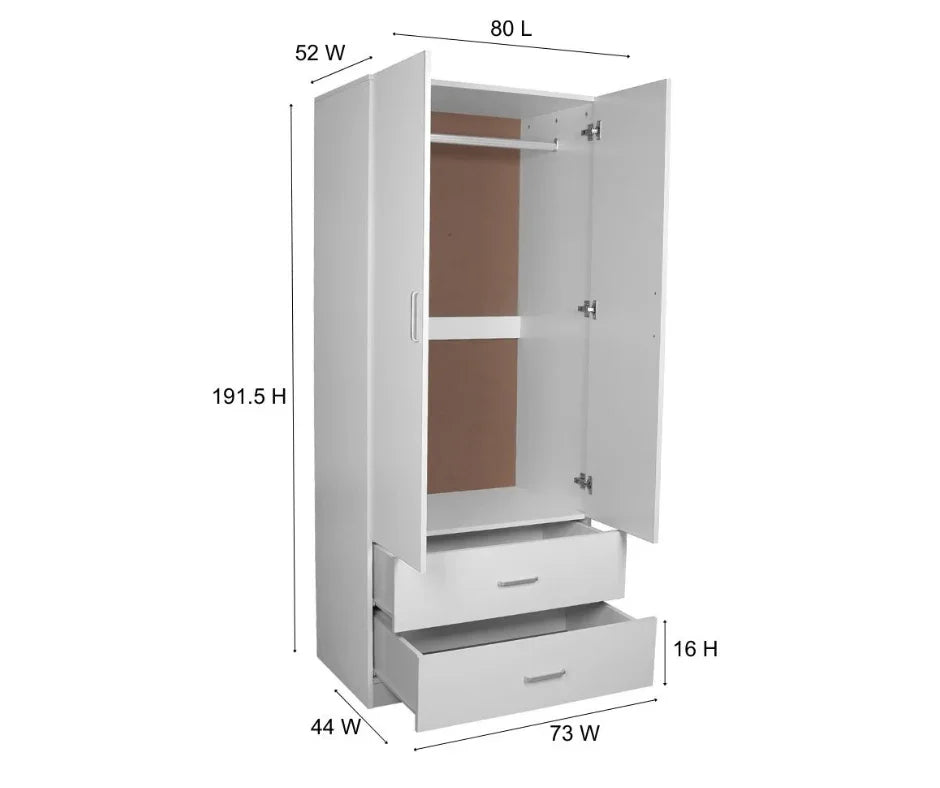 White wooden wardrobe with two doors, two drawers, hanging rod, and dimensions labeled.
