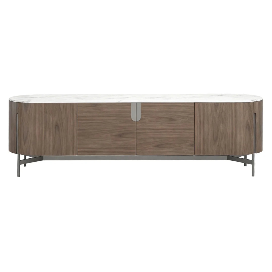 Modern TV unit with four doors, walnut wood finish and white marble top
