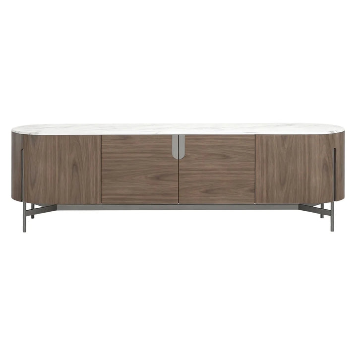 Modern TV unit with four doors, walnut wood finish and white marble top