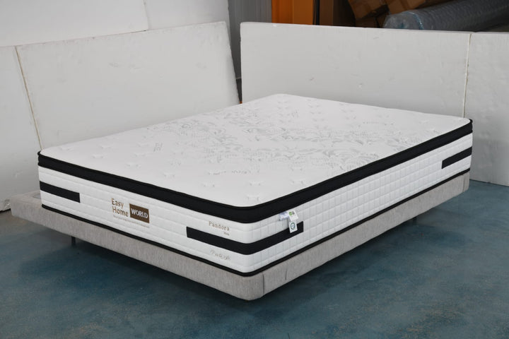 Thick white mattress with patterned surface on a modern bed frame, home furniture setting