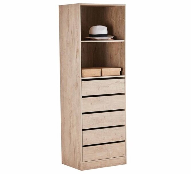 Tall wooden dresser with open shelves, five drawers, storage baskets, and a hat on top shelf