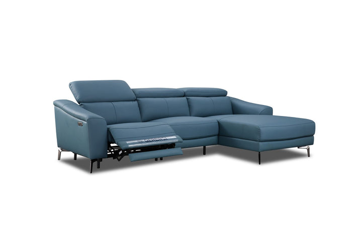 Modern blue leather sectional sofa with chaise lounge and recliner, metal legs