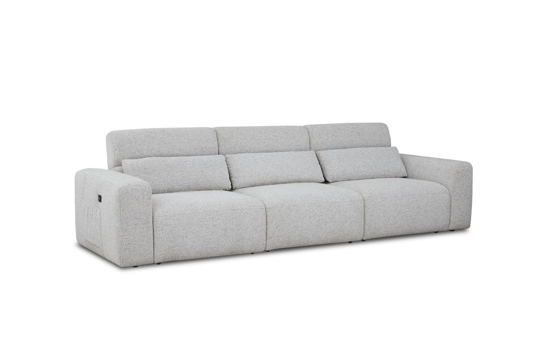Modern light gray fabric sofa with wide armrests and reclining backrests