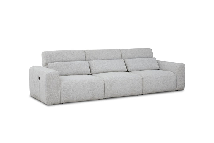 Modern light gray fabric sofa with wide armrests and reclining backrests