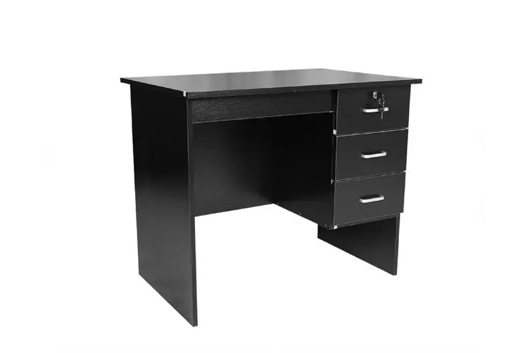 Black office desk with three drawers and lock, ideal for home or workspace