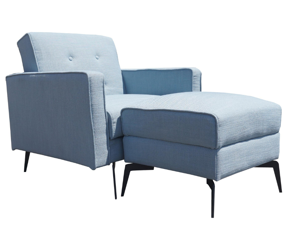 Modern light blue armchair with matching ottoman on black metal legs