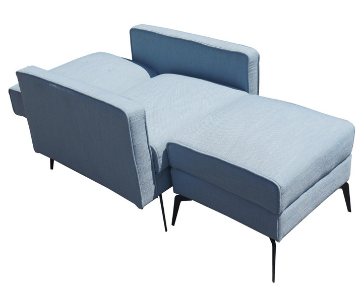 Light blue L-shaped sectional sofa with chaise lounge and black metal legs