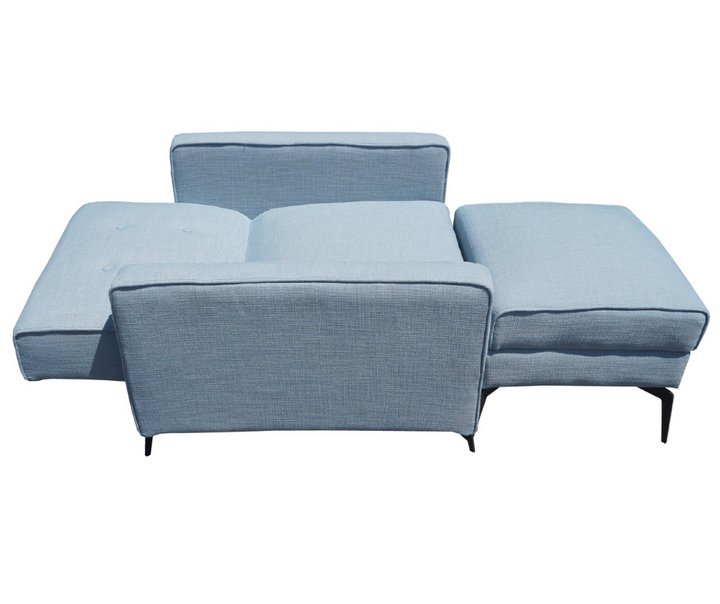 Light blue sectional sofa with chaise lounge and metal legs, modern home furniture