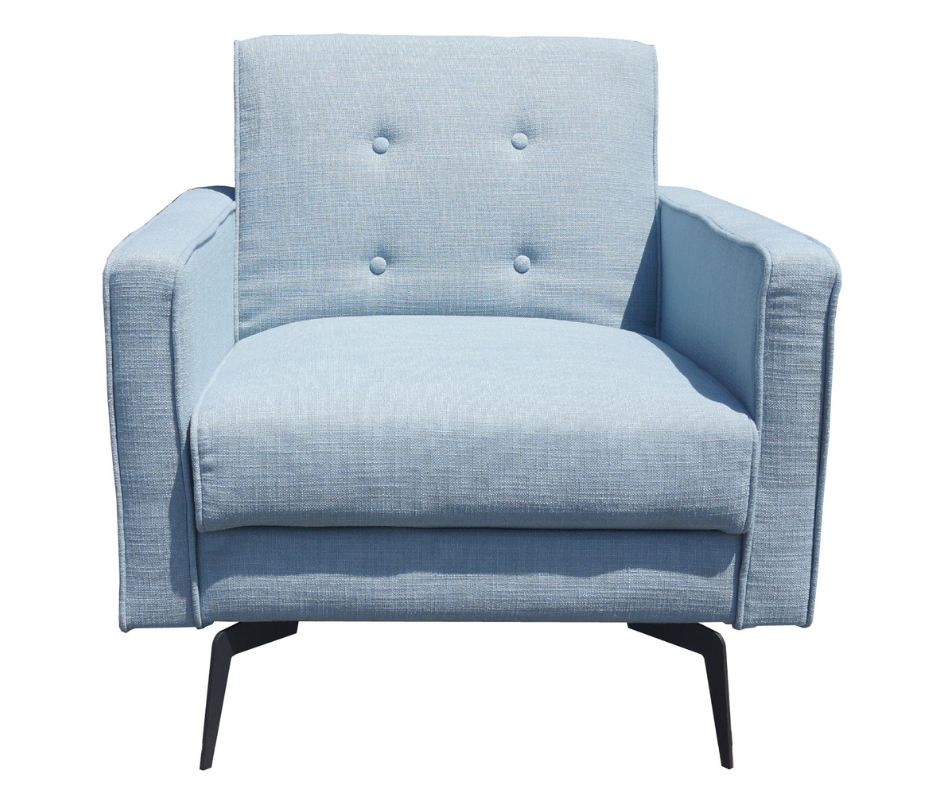 Light blue upholstered armchair with button tufted backrest and black legs