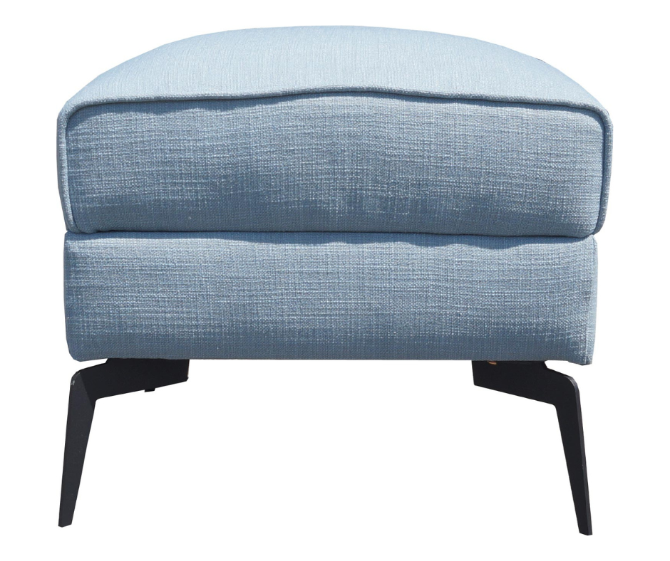 Modern light blue upholstered ottoman with black metal legs