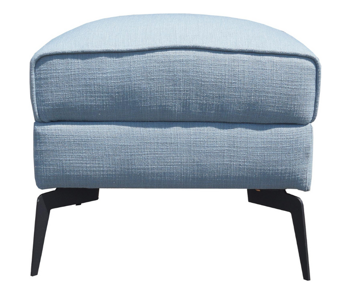 Modern light blue upholstered ottoman with black metal legs