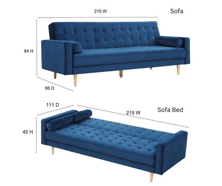 Velvet Blue Sofia Sofa Bed 3 Seater - DLB Furniture