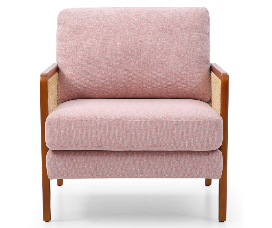 Modern pink upholstered armchair with wooden frame and woven rattan side panels
