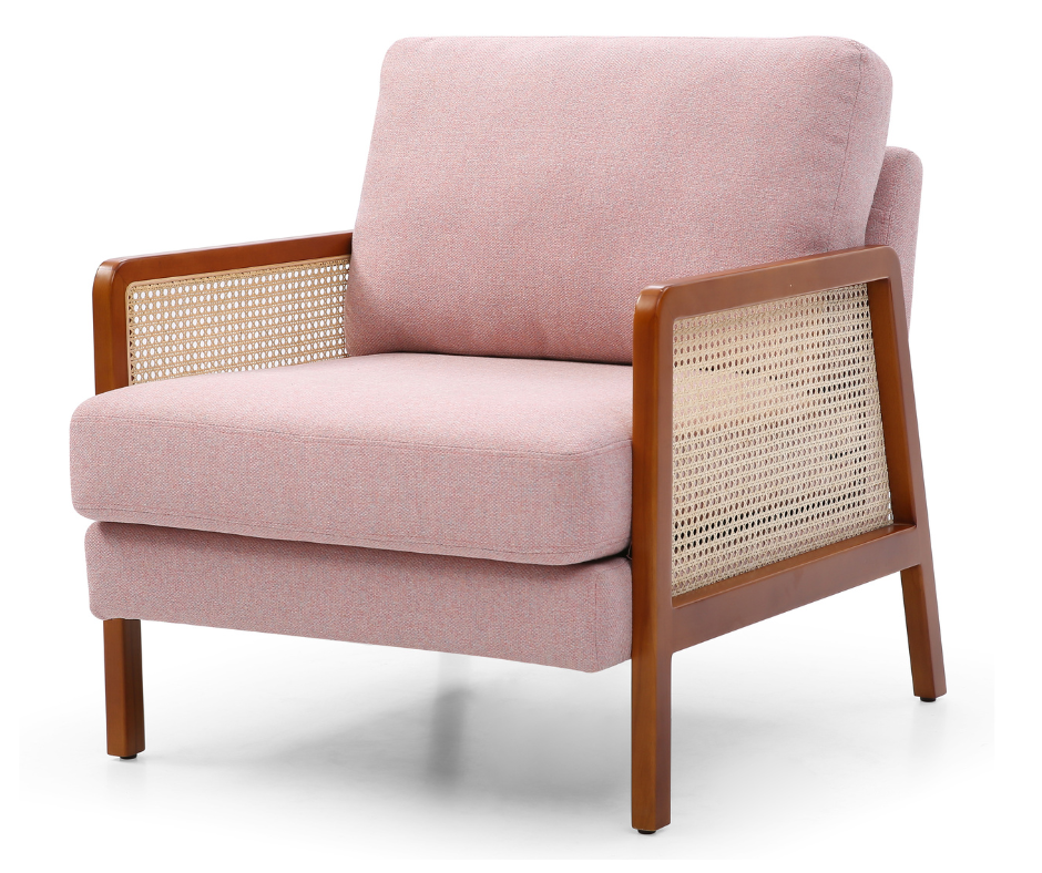 Modern pink accent armchair with wooden frame and woven cane sides