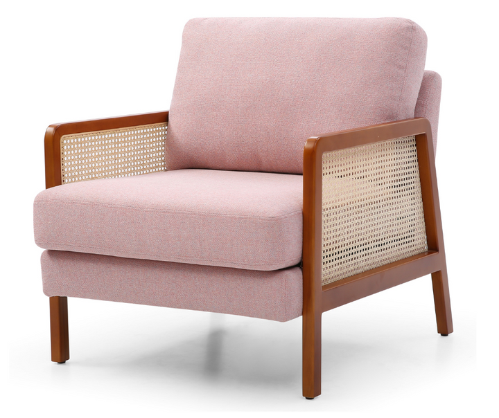 Modern pink accent armchair with wooden frame and woven cane sides