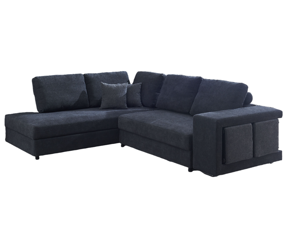Modern black L-shaped sectional sofa with cushions and built-in storage on armrest