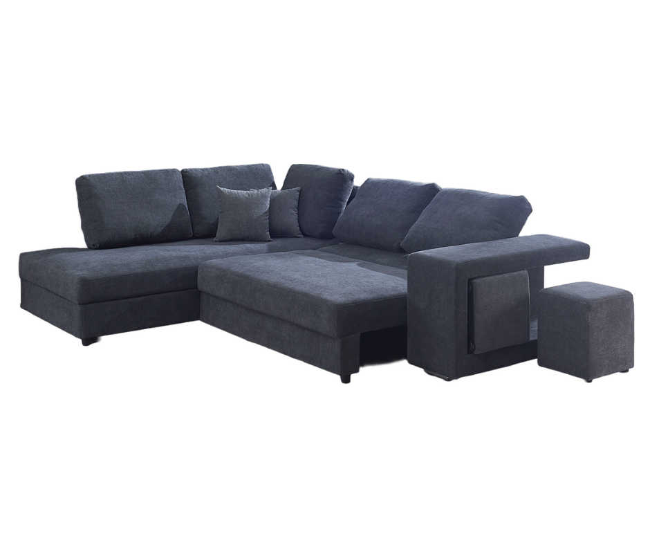 Modern dark grey L-shaped sectional sofa with chaise, ottoman, and cushions