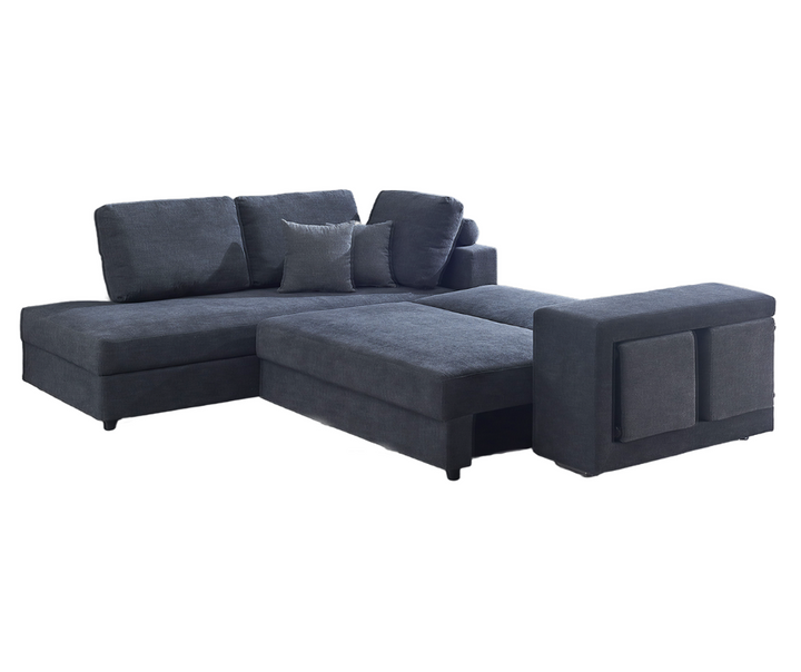 Dark gray L-shaped sectional sofa with chaise, storage ottoman, and matching cushions