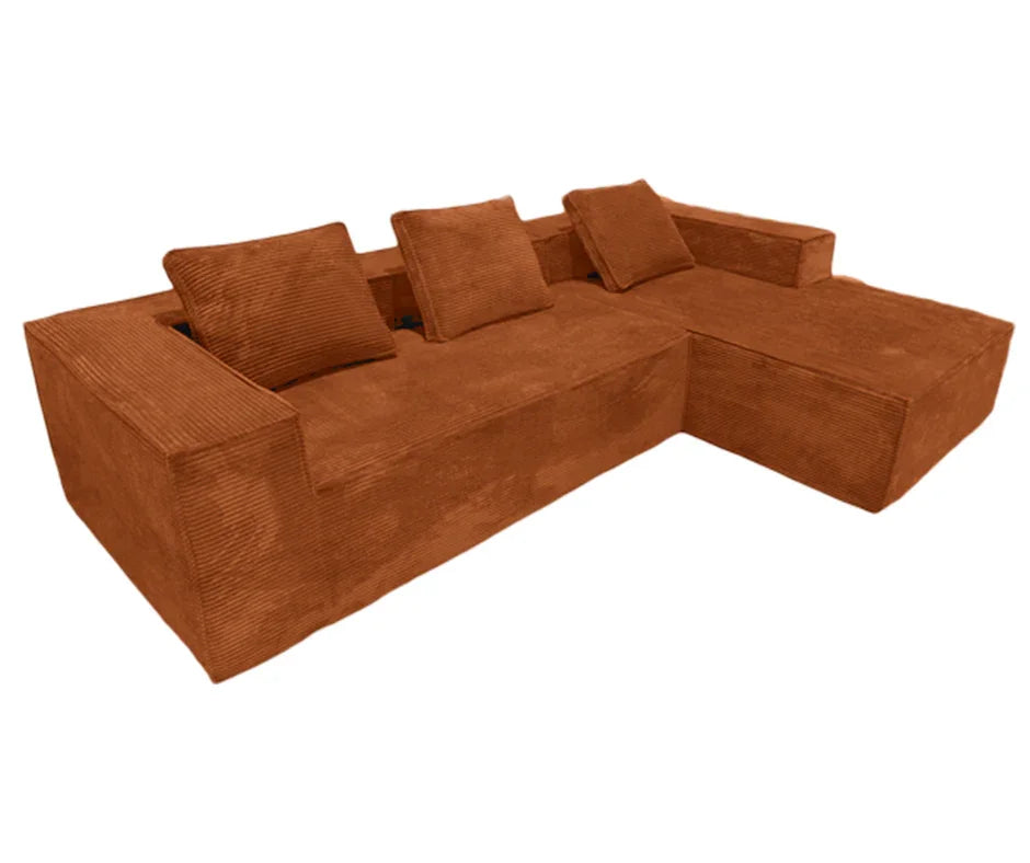 Modern brown corduroy sectional sofa with chaise lounge and three cushions