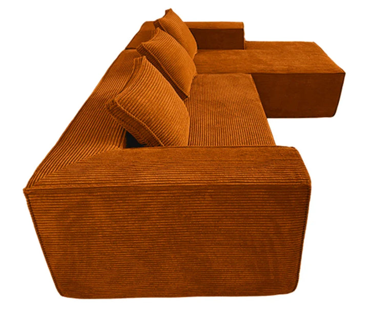 Modern orange corduroy sectional sofa with wide armrests and three cushions