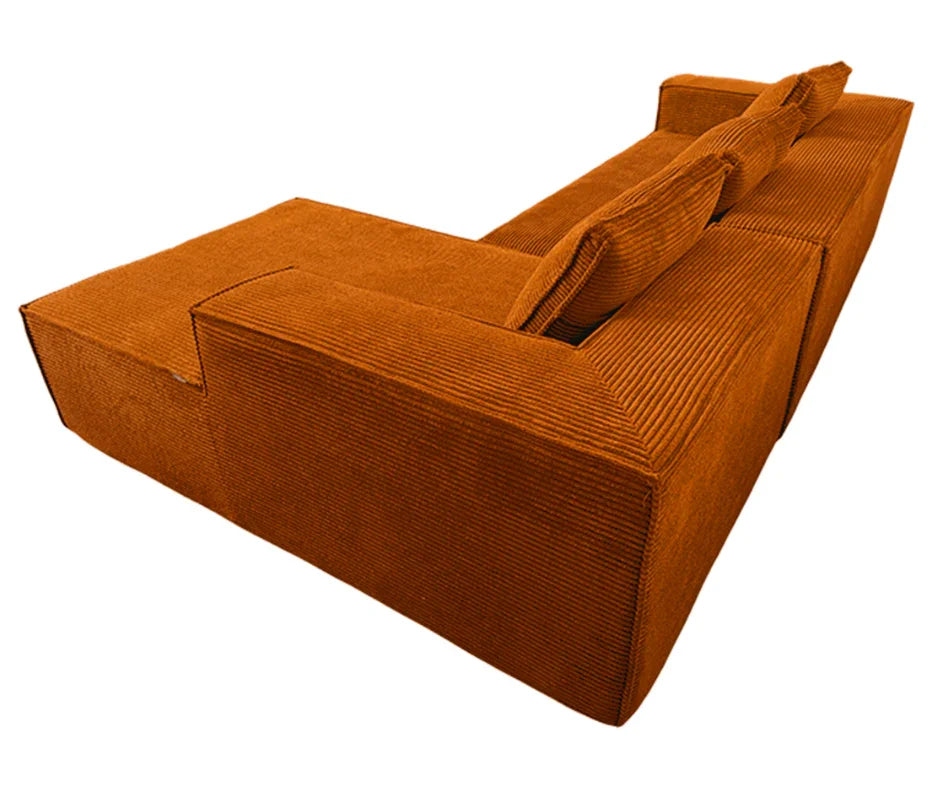 Modern L-shaped corduroy sectional sofa with rust-colored upholstery and plush cushions