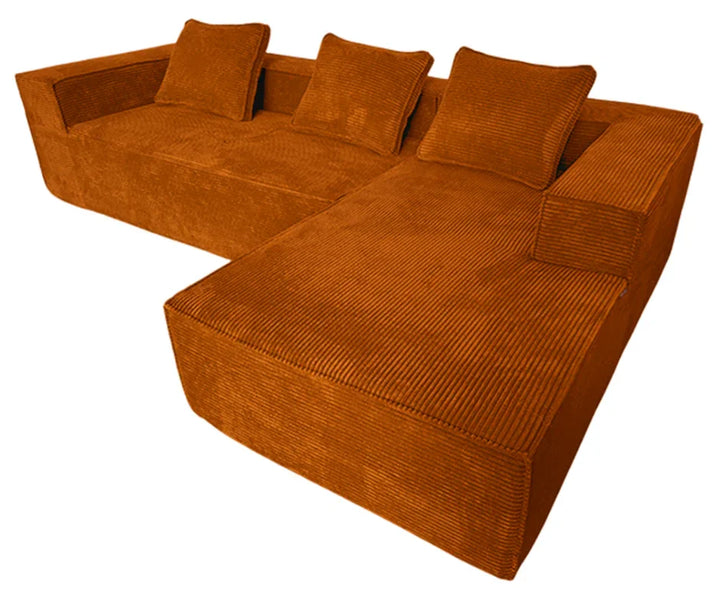 Modern orange corduroy sectional sofa with three matching cushions, L-shaped design