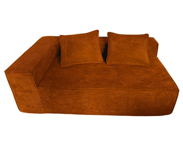 Modern orange corduroy sofa with left armrest and two matching cushions
