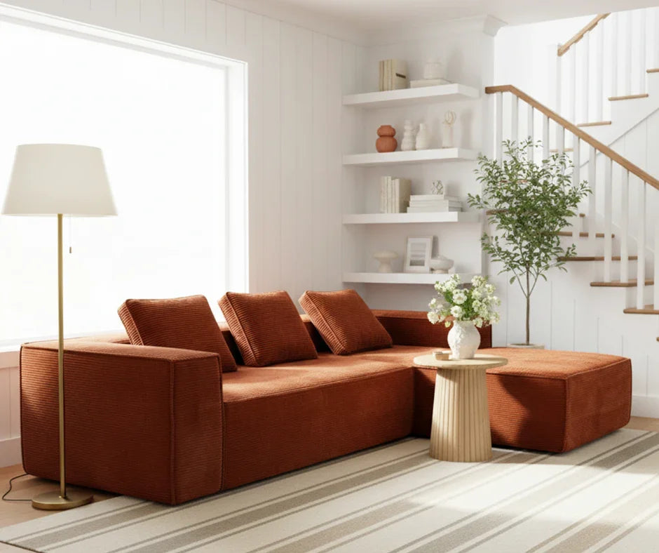 Modern living room with a rust-colored sectional sofa, floor lamp, round coffee table, and decorative plant