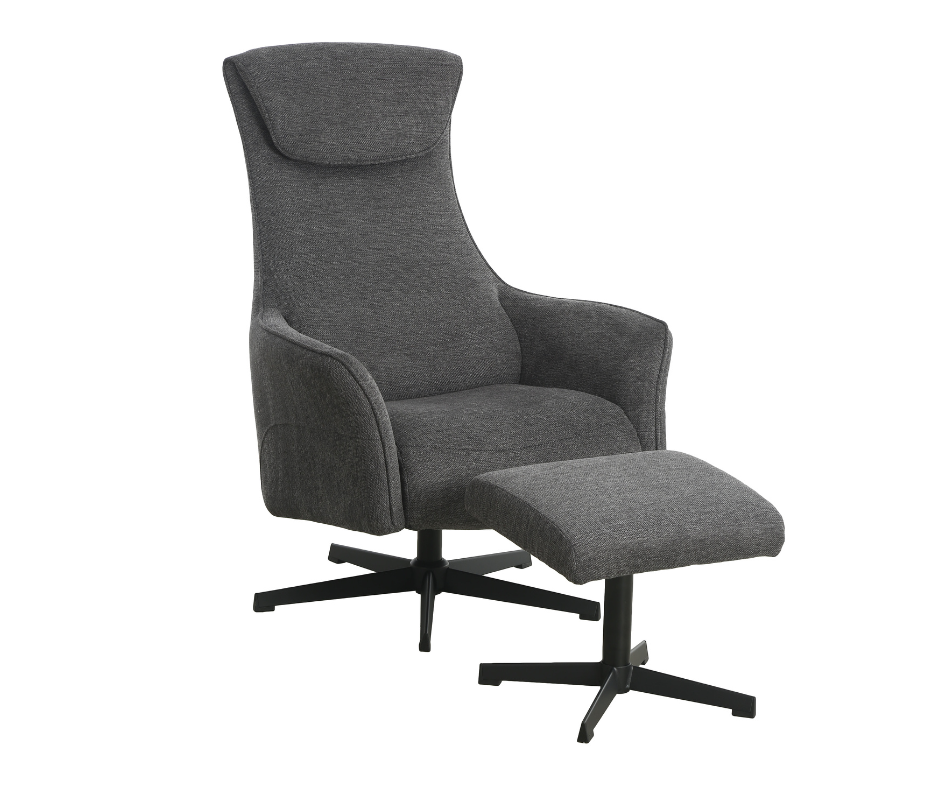 Modern grey fabric accent chair with high backrest and matching ottoman, swivel base