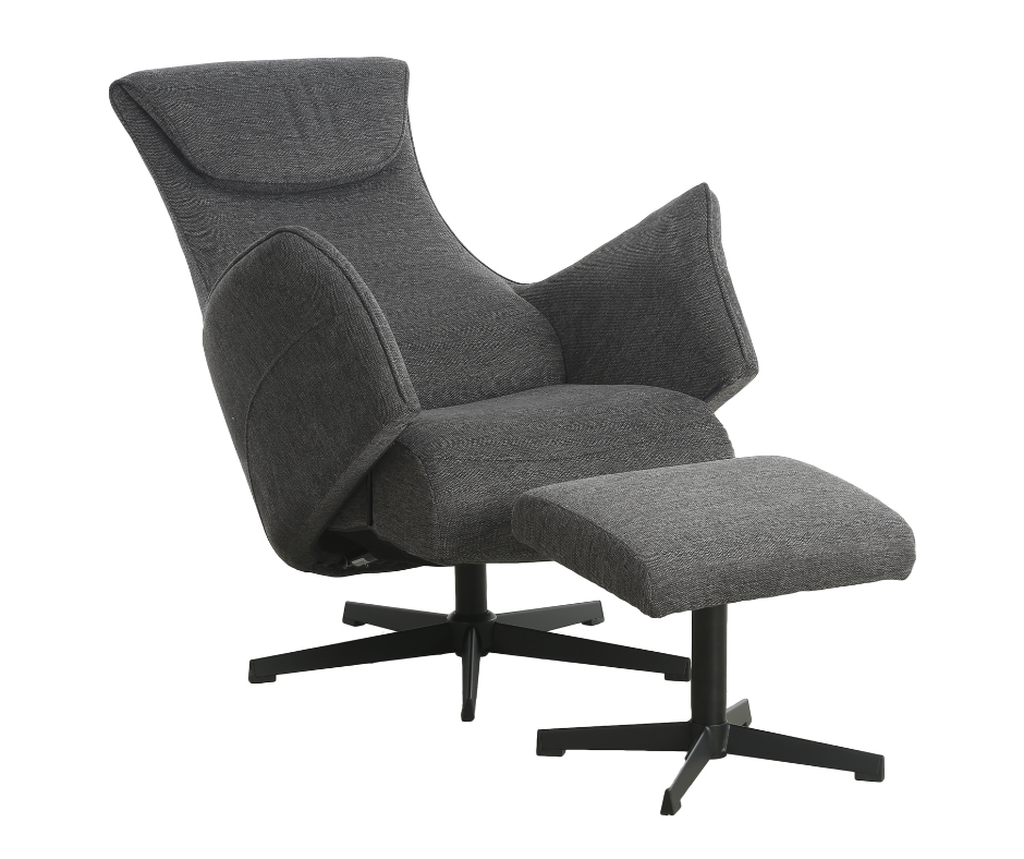 Modern grey fabric accent chair with matching ottoman and black metal legs