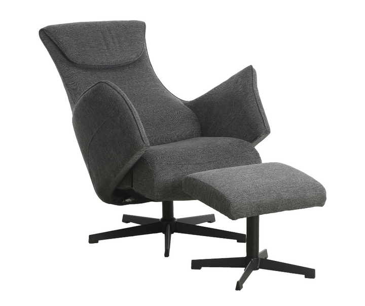 Modern grey fabric accent chair with matching ottoman and black metal legs