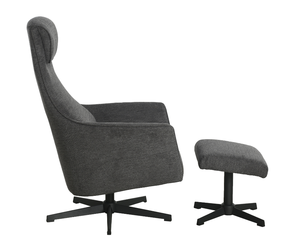 Modern grey swivel lounge chair with matching ottoman, both on black metal bases