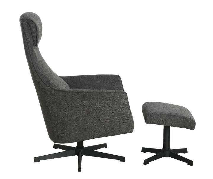 Modern grey swivel lounge chair with matching ottoman, both on black metal bases