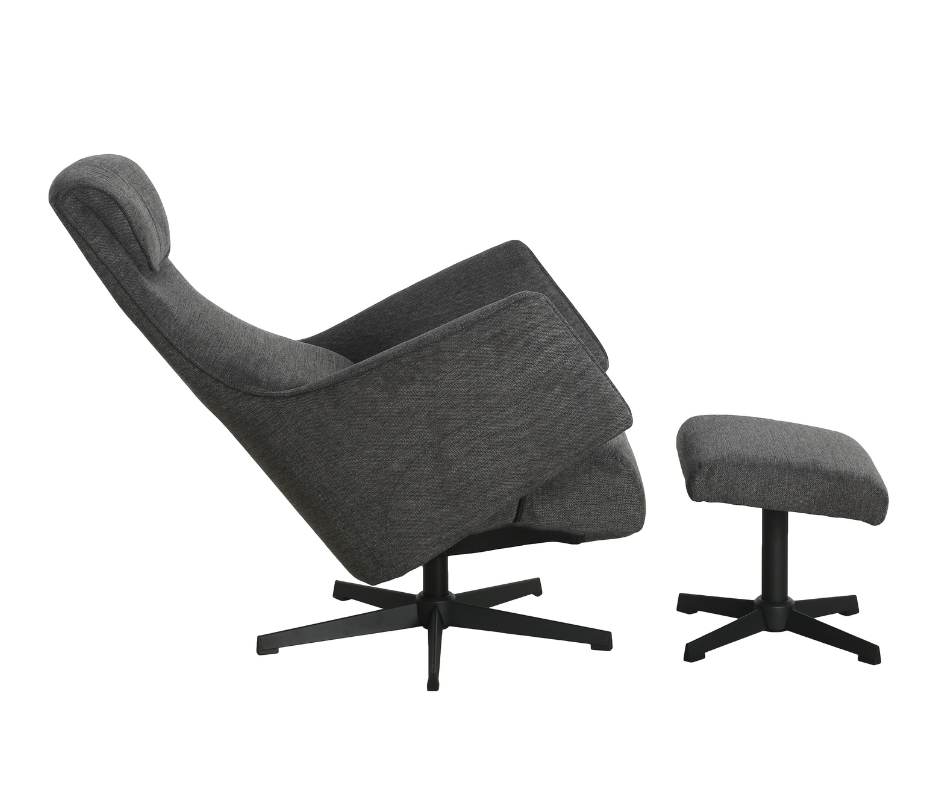 Modern dark grey swivel lounge chair with matching ottoman on black metal bases