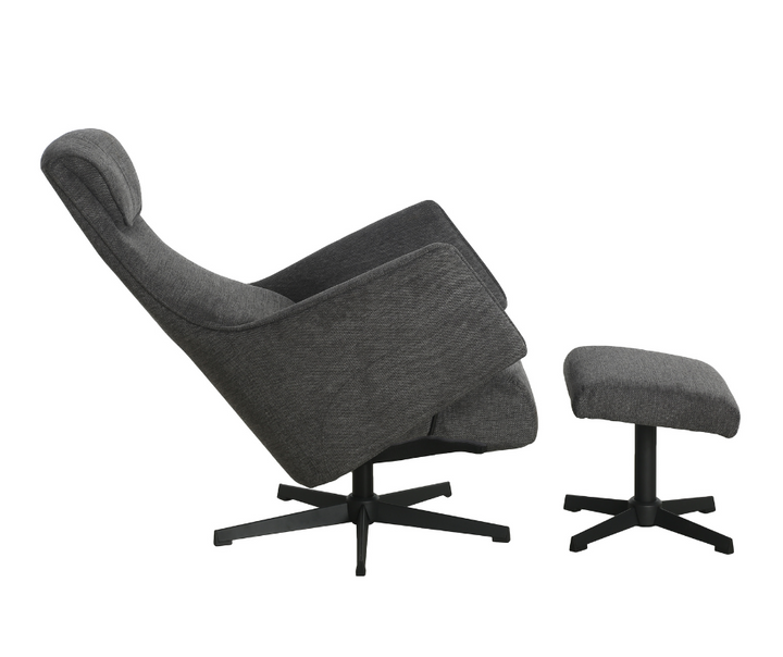 Modern dark grey swivel lounge chair with matching ottoman on black metal bases