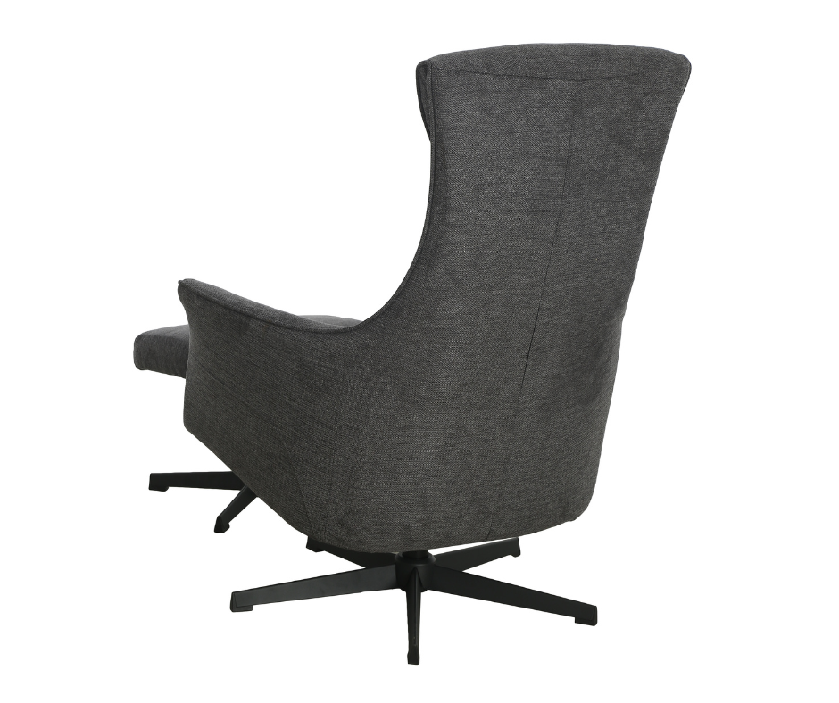 Modern dark grey fabric armchair with high back and black swivel metal base