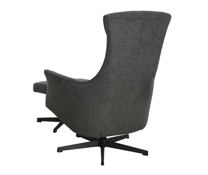 Modern dark grey fabric armchair with high back and black swivel metal base