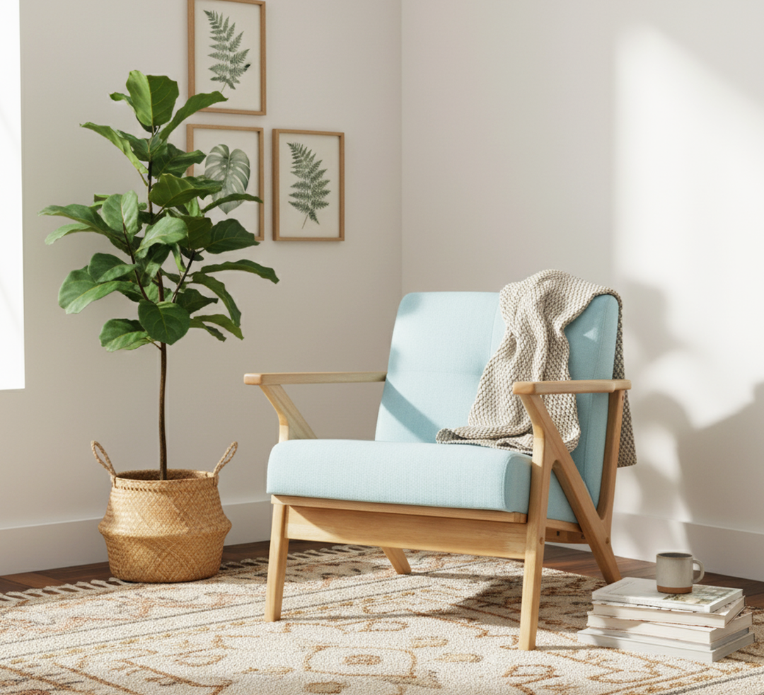 Modern light blue armchair with wooden frame in cozy living room, indoor plant and wall art