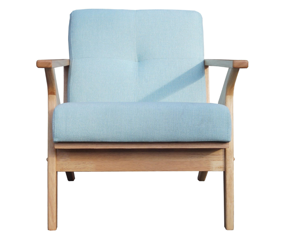 Modern light blue cushioned armchair with natural wood frame, front view